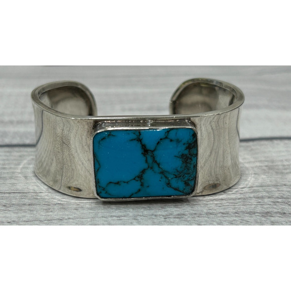925 Sterling Silver Taxco Wide Cuff Bracelet Turquoise Rectangular Stone Vintage - Picture 1 of 9